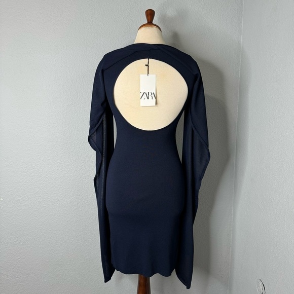 ZARA‎ New Navy Blue Elegant Round Neck Knit Cape Dress Slit Long Sleeves Size S - Picture 15 of 17